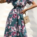 SheIn NWOT Teal Blue-Green Short Sleeve Smocked Waist Faux Wrap Sundress Dress New Photo 1