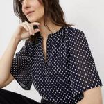 Ann Taylor Navy and White Shirred Split Neck Popover – Size Small Photo 0