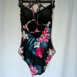 Kona Sol  Black With Pink Tropical Floral Print Lace Up Back One piece Swimsuit M Photo 4