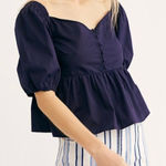 Free People  Navy Veronica V Neck Buttons Top 1/2 Puff Sleeves NWT Small Peplum Photo 0