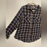 Terra & Sky Navy Tan Plaid Button Down Shirt 0X | Long Sleeve Flannel Style Top Photo 2