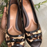 2000s Y2K brown black Leopard animal genuine leather print open peep toe heels pumps with bow detail Photo 0