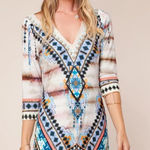 Hale Bob  Colorful Aztec Beaded 3/4 Sleeve Stretchy Pullover Knee Length Dress L Photo 0