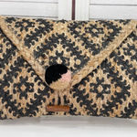 America & Beyond Printed Woven Jute Boho Envelope Clutch Bag Tan Black Photo 0