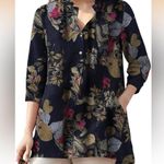 Zanzea NWT Button Down V Neck 3/4 Sleeve Floral Blouse Cotton w/ Pockets Navy 2X Photo 0