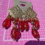 Natasha red resin long beads drops earrings gold Indian Rhombus shape hallow Photo 2