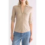 James Perse Cotton V-Neck Button-Up Shirt | Toast | Size 1 (Small) New! Photo 1