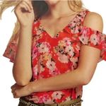 CAbi Women's Red Floral V-Neck Ruffled Cold Shoulder Top Career Casual Size M Photo 5