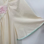 Vintage 80s Nightgown Cream Satin Quilted Embroidered Flowers Made in the USA Green Size M Photo 4