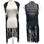 Daytrip  VTG Y2K Black Macramé Fringe Vest Cardigan Boho Festival Hippie Retro Photo 1