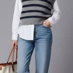 Madewell  Striped Knit Sweater Vest Small Gray Navy V-Neck Cotton Photo 0