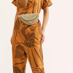 Free People x CLOSED Aloha Jumpsuit Size S Brown Palm Print Button Front One Piece Photo 0