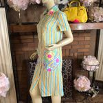 VINTAGE 1960'S DEAD STOCK ORANGE, BLUE & PINK STRIPES & FLORAL HOUSE DRESS NWT S Yellow Photo 4