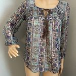 American Eagle Sheer Long Elastic Sleeve Cream Gold Blue Green Top S Photo 0