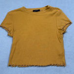 Forever 21  Top Women's M Mustard Yellow Ribbed Lettuce Trim Cropped T-Shirt Photo 0
