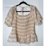 Yuni Los Angeles Beige Plaid Smocked Peplum Puff Sleeve Stretch Top Large Tan Photo 5