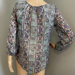 American Eagle Sheer Long Elastic Sleeve Cream Gold Blue Green Top S Photo 1