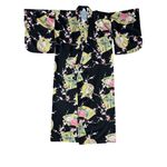 NEW Smithsonian S Black Kimono Robe Floral Fan Crane Yukata Made Japan Photo 4