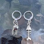 Handmade Silver Y2k Tooth Fishbone Hoop Earrings , Punk Goth Boho Silver Photo 5