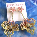 Betsey Johnson Gold Tone Pink & Yellow Enamel Double Flower Drop Earrings NWT Photo 4