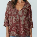 Chico's Paisley Print V-Neck 3/4 Sleeve Sweater Top Tan Coral Size 2 Photo 0