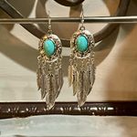 Boho silver feather earrings with turquoise stone Photo 5