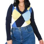 Liz Claiborne 90s Vintage Blue & Yellow Argyle Plaid Sweater Large Preppy Photo 0