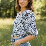 Top Shop Womens Blue Floral Pointelle Eyelet Ruched Ruffle Crop Top Size 10 Photo 1