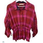 Free People Anthro We The Size XS Shirt Pacific Dawn Red Pink Plaid Ruched NEW Photo 1