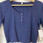 BP . Women’s Scoop Neck Waffle Knit Cropped Henley Long Sleeve Navy Size Med NWT Photo 1
