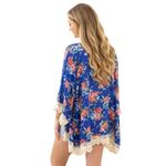 Umgee Kimono Womens S Blue Red Lace Floral Print Lace Flowy Open Cover Up Boho Photo 2