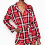 Victoria's Secret Victoria’s Secret Plaid Flannel Romper Sleepwear M Red Belted Button Up Preppy Photo 0