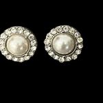Vintage Estate Faux Pearl Clear Rhinestones Halo Earrings Wedding Formal Holiday Silver Photo 1