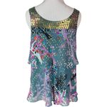 Tibi  New York Silk Metallic Gold Teal Rabbit Woodland Forest Sleeveless Blouse 2 Photo 8