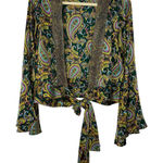Wendy Hil 100% Silk Paisley Tie Front Boho Disco Glam Bell Sleeve Top L Green Size L Photo 0