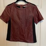Halogen Burgandy Wine Leather Top Sz XS Black Knit Contrast Photo 5