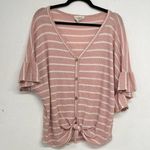 Fantastic Fawn  Pink & White Striped Ruffled Sleeve Button Down Blouse Womens L Photo 0