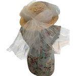 Vintage Womens Floral Straw Hat White Wide Brim Tulle Netting Romantic‎ Wedding Tan Photo 1