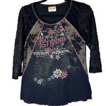 Edista Floral Lace Mixed Fabric Velvet Burnout Long Sleeve Graphic Blouse Large Black Photo 0