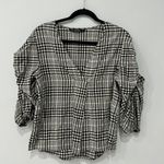 ZARA  Plaid Gingham Seersucker V Neck Balloon Twist Puff 3/4 Sleeve Top Sz Small Photo 3