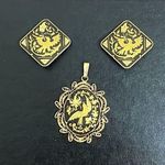 Spanish Damascene Clip On Earrings & Matching Bird Pendent Jewelry Set Gold Photo 0