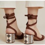 Anthropologie  Tabitha Open Toe Heels Aztec Print Suede Brown‎ Ankle Wrap Size 38 Photo 1