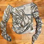 VERTE NWT SEXY Y2K Asymmetrical neck Metallic Ruched sleeves draped crop top M Silver Size M Photo 6