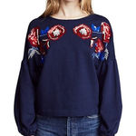 Parker Beaded Sequin Sweatshirt Floral Embroidered Long Sleeve Blue Red XS New Photo 0