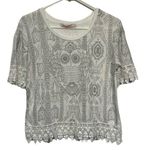Desigual Women's  White Gray Cropped Lace S/S Shirt OWL Size Small EUC #CA-2415 Photo 0