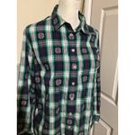 Talbots  Petite Plaid Button Down Shirt Women MP Green Navy Red Floral Accents Photo 1