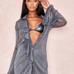 House Of CB  London Amiyah Gray Lurex Shirt Dress Sheer Ruffle Button-up XS Photo 0