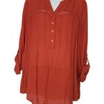 BYdesign Tunic Blouse Large Orange Crochet Roll Tab Long Sleeve V Photo 0
