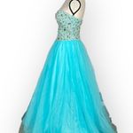 Terani Couture Formal Gown Women's Med Blue Embellished Strapless A-Line Maxi Photo 1