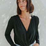 Free People Black Plunging V Neck Faux Wrap Long Sleeve Turnt Bodysuit NEW Photo 0